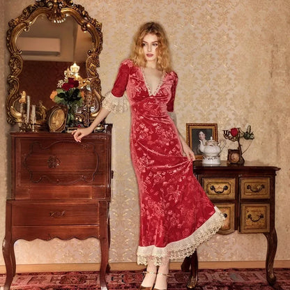 Lace Print Long Dress Women's Elegant V Neck Luxury Party Evening Gown High Waist Vintage Y2k Patchwork Dress Robe