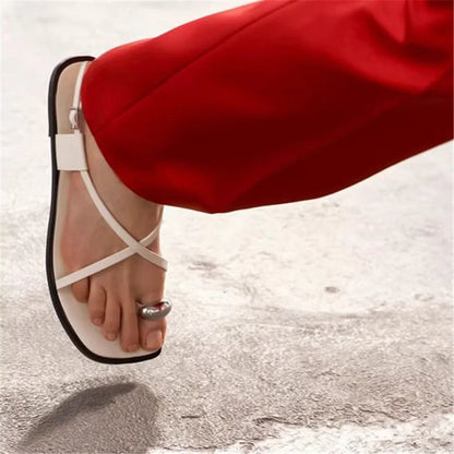 White Women Sandals Designer Cross Straps Flat Shoes Woman Summer Beach Sandalias Mujer Holiday Flip Flops Metal Decor Flats