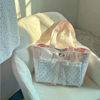 Patchwork Contrast Color Striped Women's Handbags Kawaii Bow Lace Dot Shoulder Underarm Bag Fashion Chic Y2k Aesthetic Tote Bags