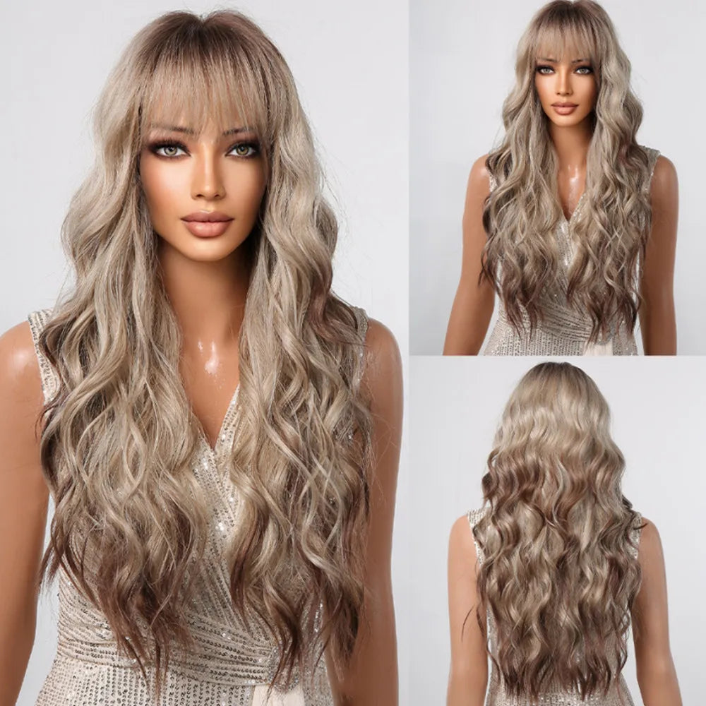 Ombre Blonde Wig with Bangs Long Wavy Wig for Women Highlight Platinum Curly Synthetic Wig Cosplay Party Daily Heat Resistant