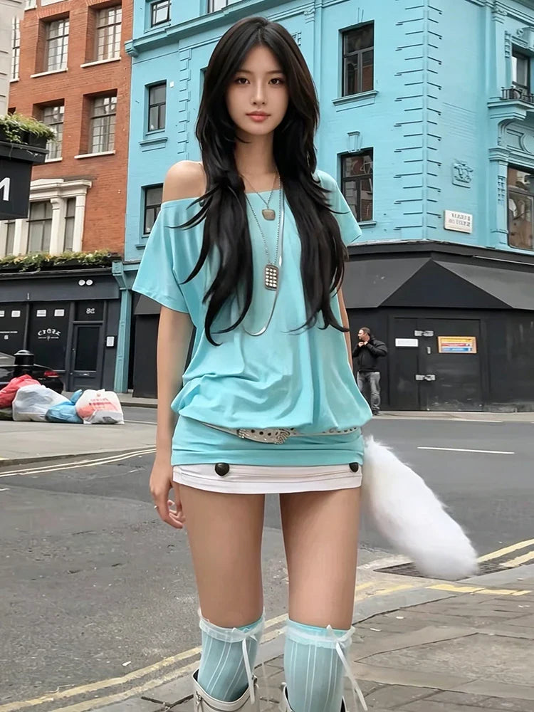 Sexy Diagonal Collar Dress Women Backless Bandage Short Sleeve Solid Loose Simple Classic Street Sexy Hottie Bodycon