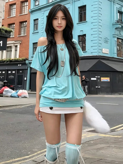 Sexy Diagonal Collar Dress Women Backless Bandage Short Sleeve Solid Loose Simple Classic Street Sexy Hottie Bodycon