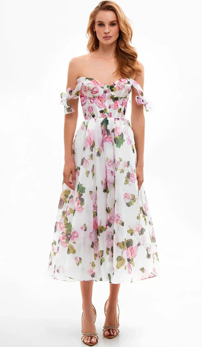 Floral Print Bow Shoulder Strap Sweetheart Corset Bodice Midi Dress