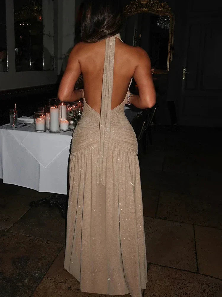 Glitter Halter Plunge V Neck Ruched Slit Maxi Dress