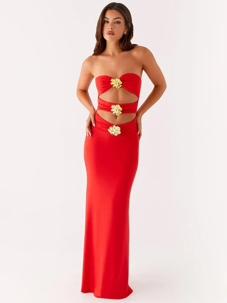Strapless Waist Cutout Metal Floral Hardware Column Maxi Gown