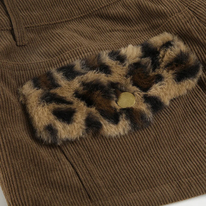 Casual Patchwork Fur Leopard Corduroy Shorts Basic Low-Waisted Shorts Women Autumn Winter Fashion Streetwear Lady