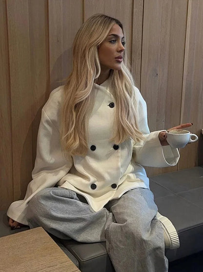 Minimalism Solid Color Women's Coat Round Neck Double Breasted Jackets New Autumn Fashion Coats Casual Loose Ladies Outerwear