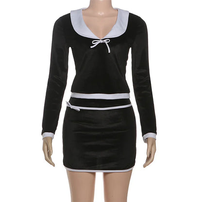 Bow Color Patchwork Velvet 2 Piece Set Women Elegant Sexy Peter Pan Collar Long Sleeve Tops + Bodycon Mini Skirts Casual Suits