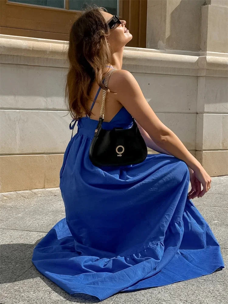 V-Neck Backless Patchwork Long Dress Women Casual High Waist Bandage Sleeveless Solid Spring 2025 New Ladies Maxi Dress