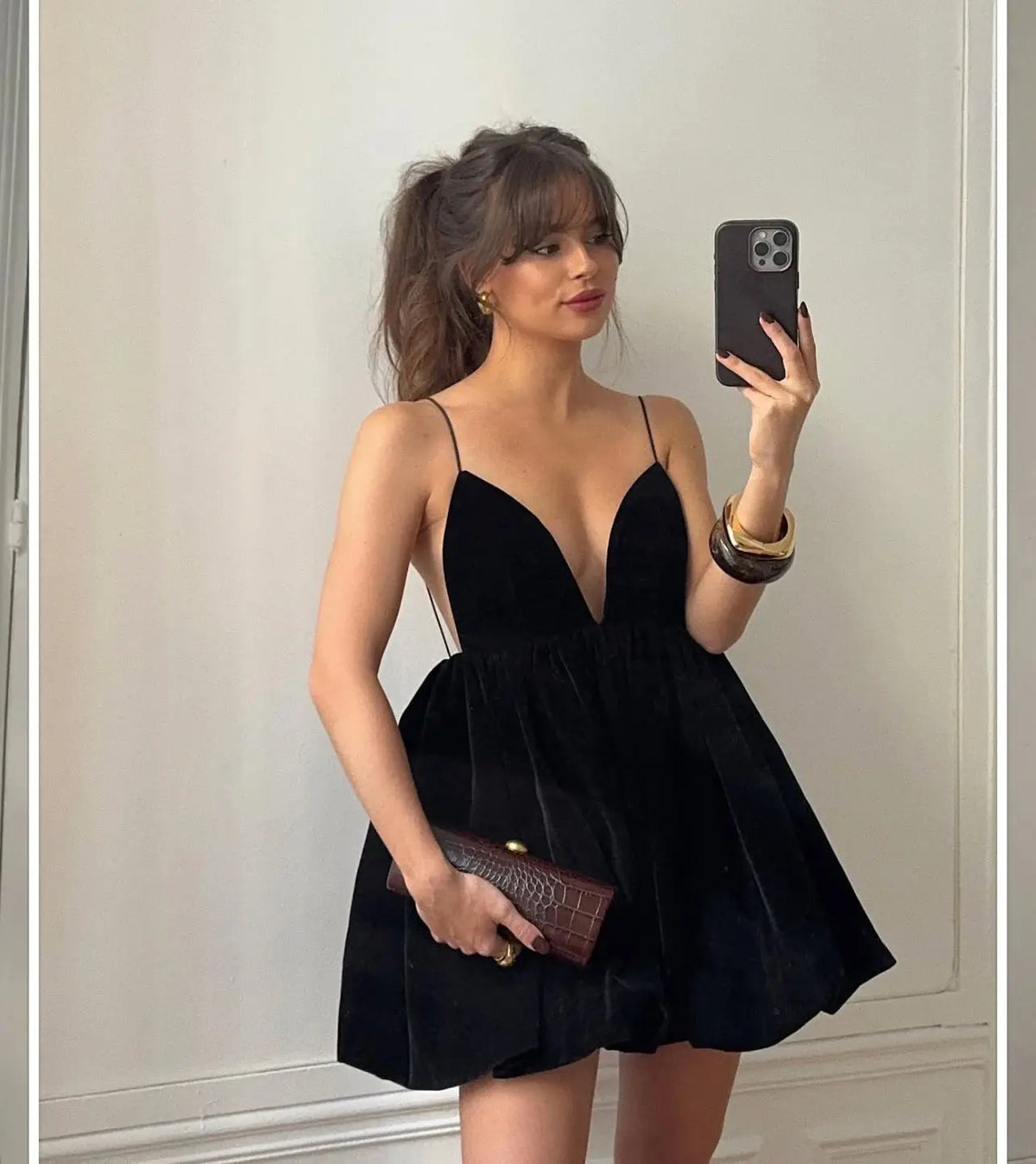 Spaghetti Strap Deep V Neck Gathered Velvet Babydoll Mini Dress