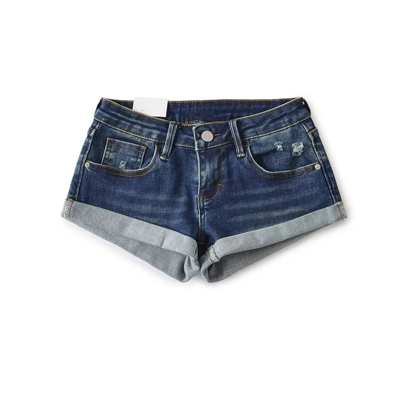 Women's Low Rise Roll Hem Hotpant Denim Shorts Denim Micro Shorts