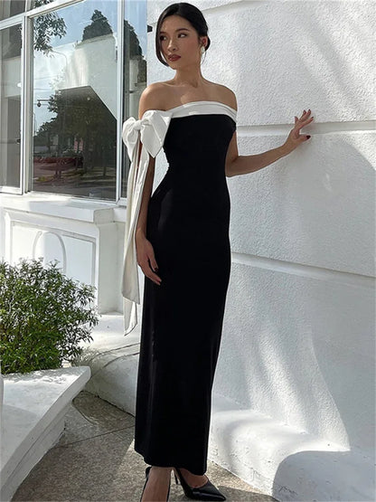 Off Shoulder Contrast Bow Shoulder Ribbon Bodycon Maxi Dress