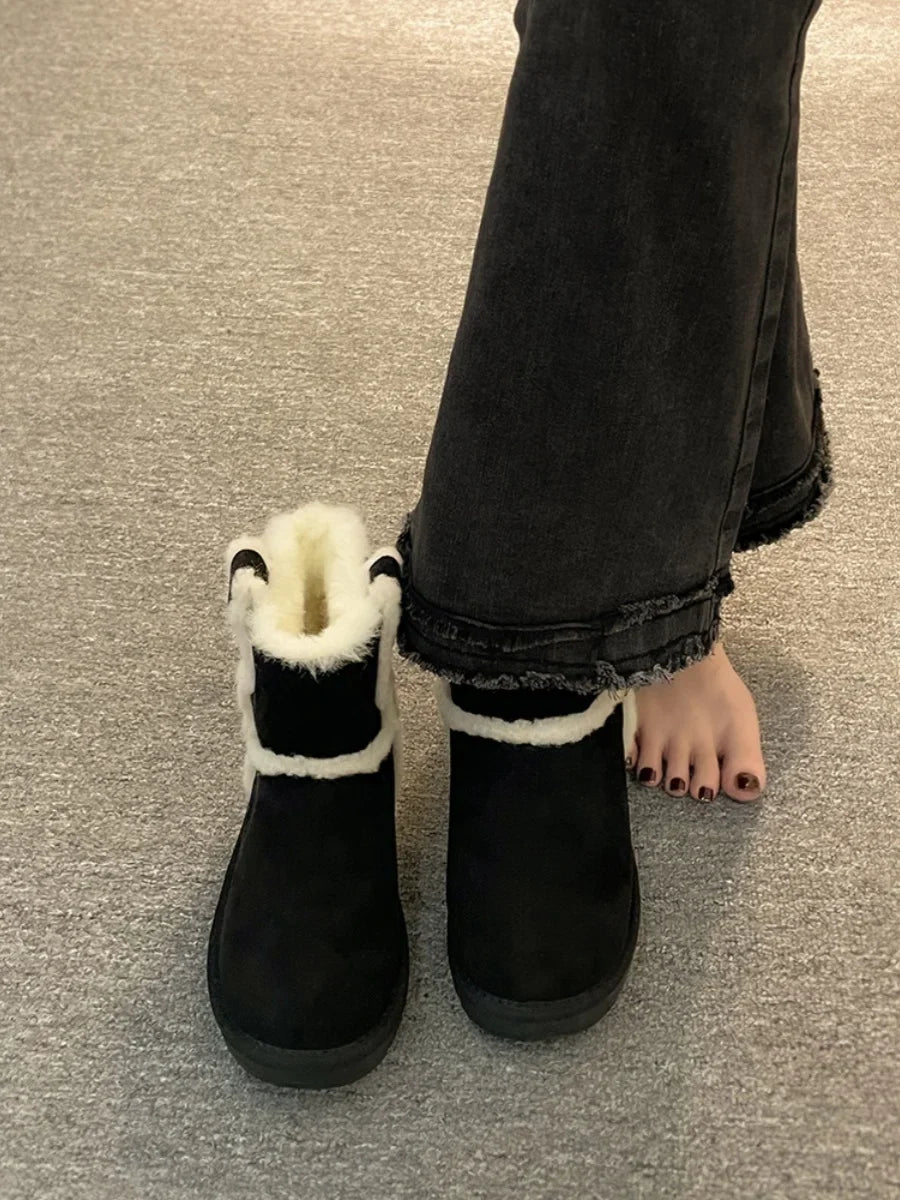 Flat Heel Snow Boots For Women Shoes Round Toe Winter Footwear Boots-Women Plush Ladies Low Fur Fabric Solid Rome Basic La