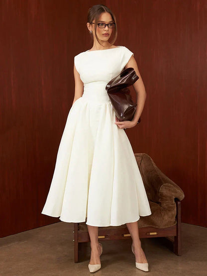 Boat Neck Cap Sleeve Pleated Waist Band Fit and Flare Midi Dress