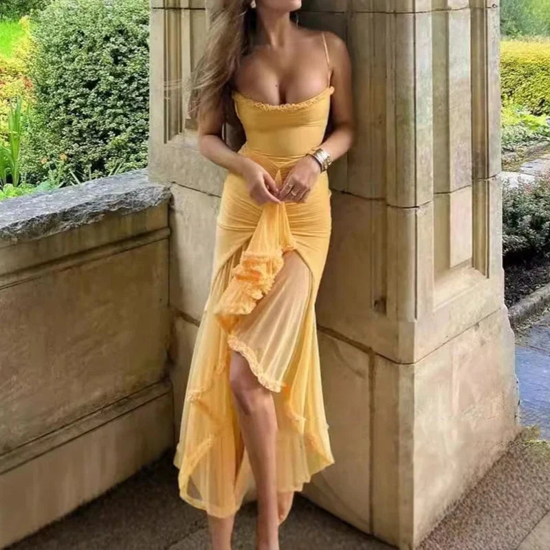 New Summer Sexy Garden Party Solid Women's Dress Elegant Chest Wrap Mesh Patchwork Long Dress Casual Suspender Beach Dress Mujer