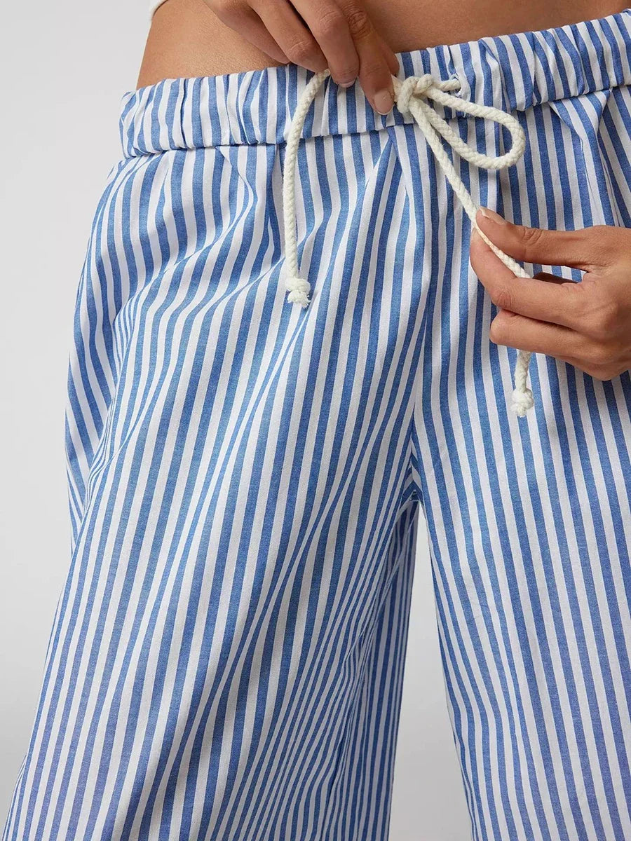 Summer Striped Casual Pants Women 2024 New Rise Low Waist Chic Drawstring Trouser Simple Fashion Wide Leg Pant Female Bottom