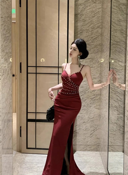 Dresses Women Sleeveless Sexy Split Slim Slash Neck Backless Rhinestone Elegant Temperament Party Dress Female Fashion