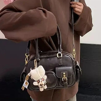 Retro Brown Bowling Tote Bag Women Ladies Leather Multi Pocket Large Capacity Shoulder Bag Ladies Fashion Boston Crossbody Bags