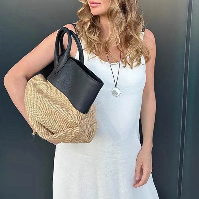 Summer Straw Shoulder Women Large Capacity Rattan Handle Splicing Color Beach Bag Genuine Leather Tote Bags For Women
