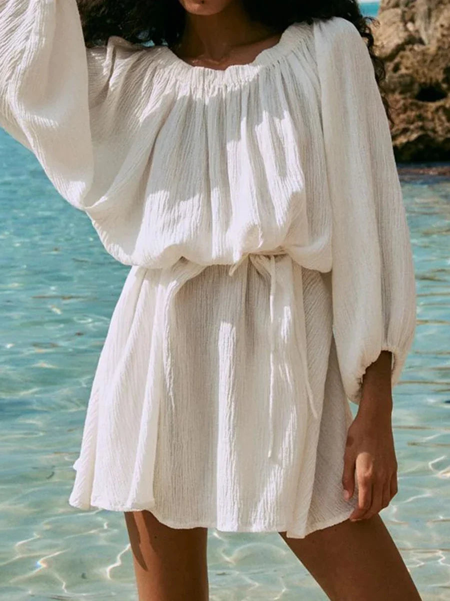 White Textured Mini Dresses Women New Scoop Neck Long Sleeve Lace-up A-line Vestidos Summer Beach Holiday Casual Cover-up