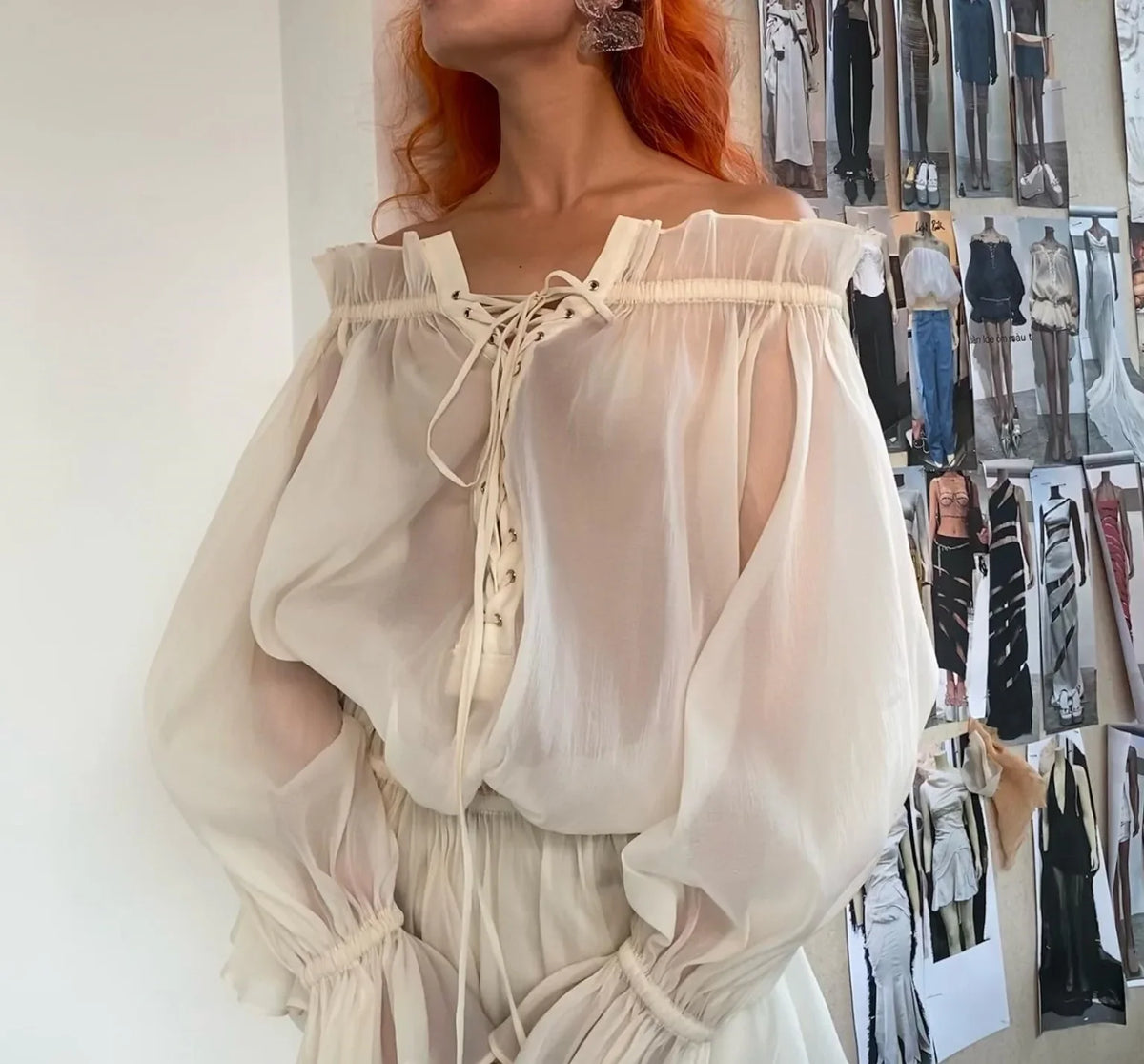 Boho Inspired off shoulder long sleeve blouse women ruffled neckline tie up front sexy women tops new summer tops women clothing