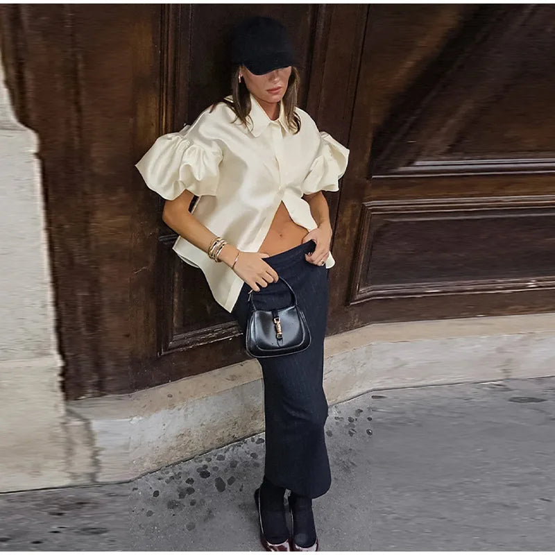 Elegant Women's Satin Puff Sleeve Shirt Loose Lapel Single Breasted Female Blouses 2025 Summer Lady Solid Chic All-match Tops
