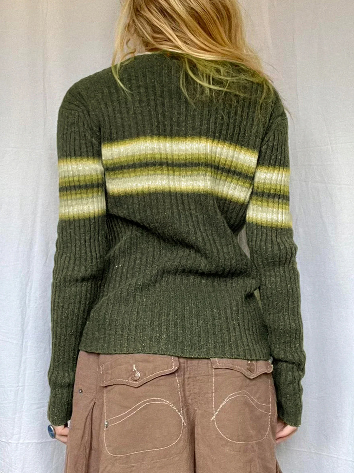 Casual Striped Knitted Sweater Basic V-Neck Long Sleeve Pullovers Women Autumn Winter Fashion Streetwear Ladies