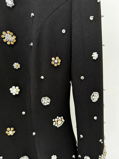 Crystal Floral Embellished Structured Shoulder Long Sleeve Column Maxi Dress