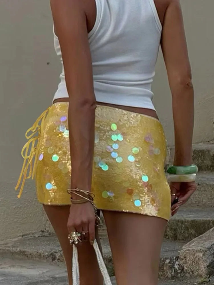 Vintage Sequin Lace Up Mini Skirt Women Sexy Solid Glitter Slit Low Waist A-lined Skirts Female 2025 Chic Versatile Streetwaer