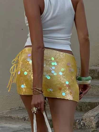 Vintage Sequin Lace Up Mini Skirt Women Sexy Solid Glitter Slit Low Waist A-lined Skirts Female 2025 Chic Versatile Streetwaer