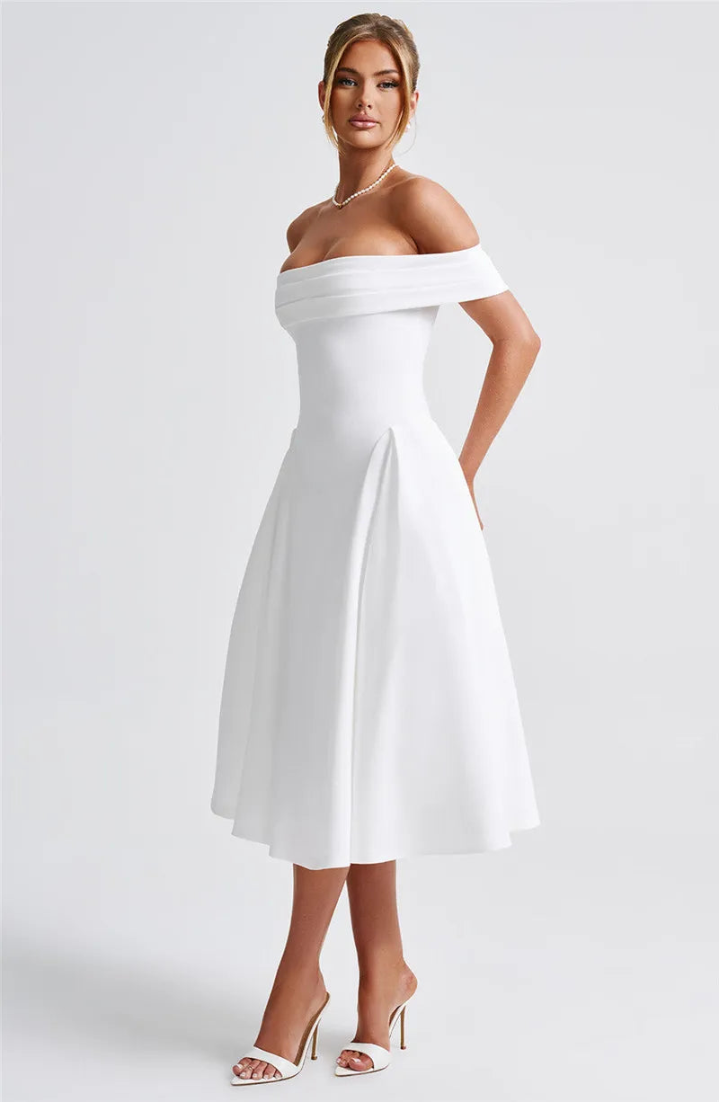 Off-Shoulder Folded Band Box Pleat Flare Midi Dress