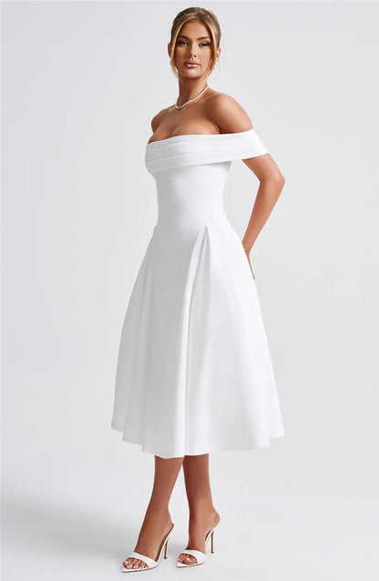 Off-Shoulder Folded Band Box Pleat Flare Midi Dress