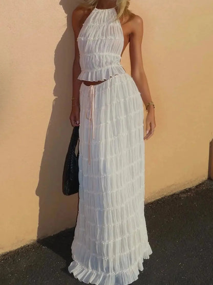 Halter Ruffled Neck Tiered Pleated Crinkle Crop Top and Maxi Skirt Set