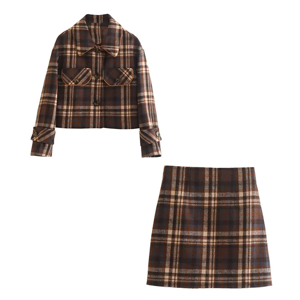 Women's Fashionable Lapel Pocket Decorated Short Jacket Suit Retro Plaid Silhouette Women's Thin Short Skirt Suit