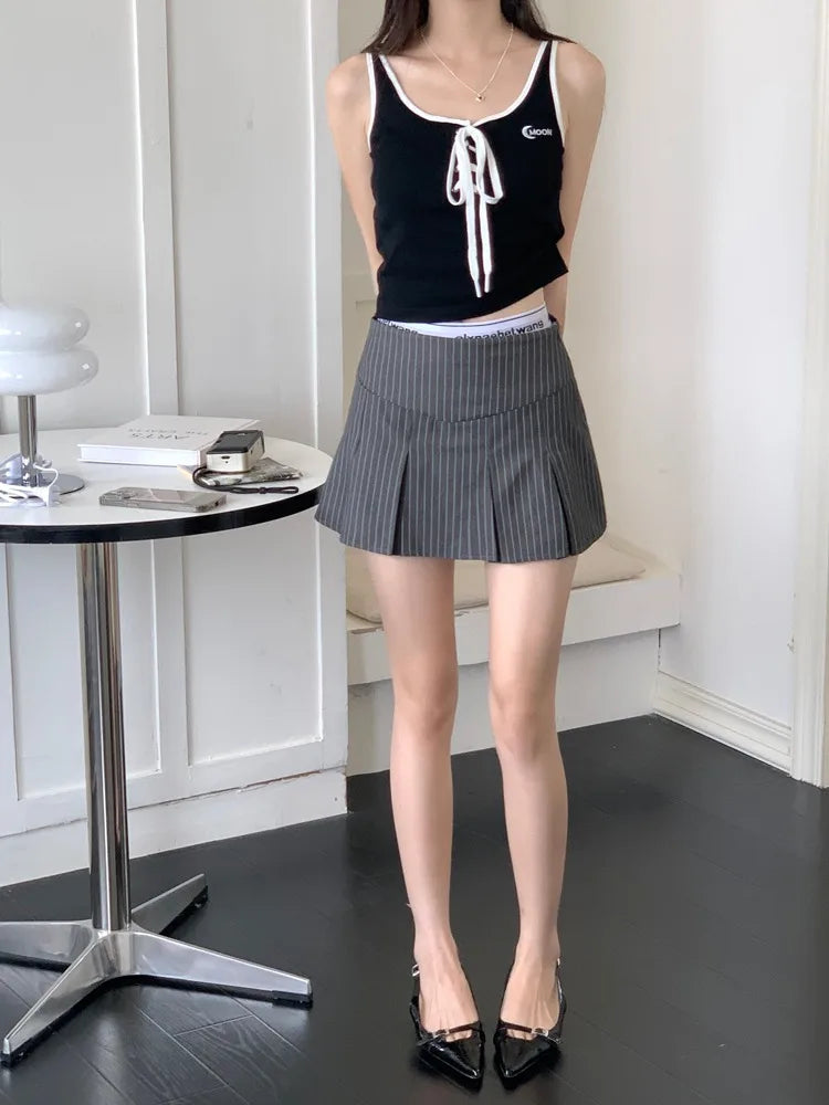 American Retro Stripe Mini Skirt Fake Two Pieces Patchwork High Waist Hip Wrap Skirt for Women Summer A-line Skirt New