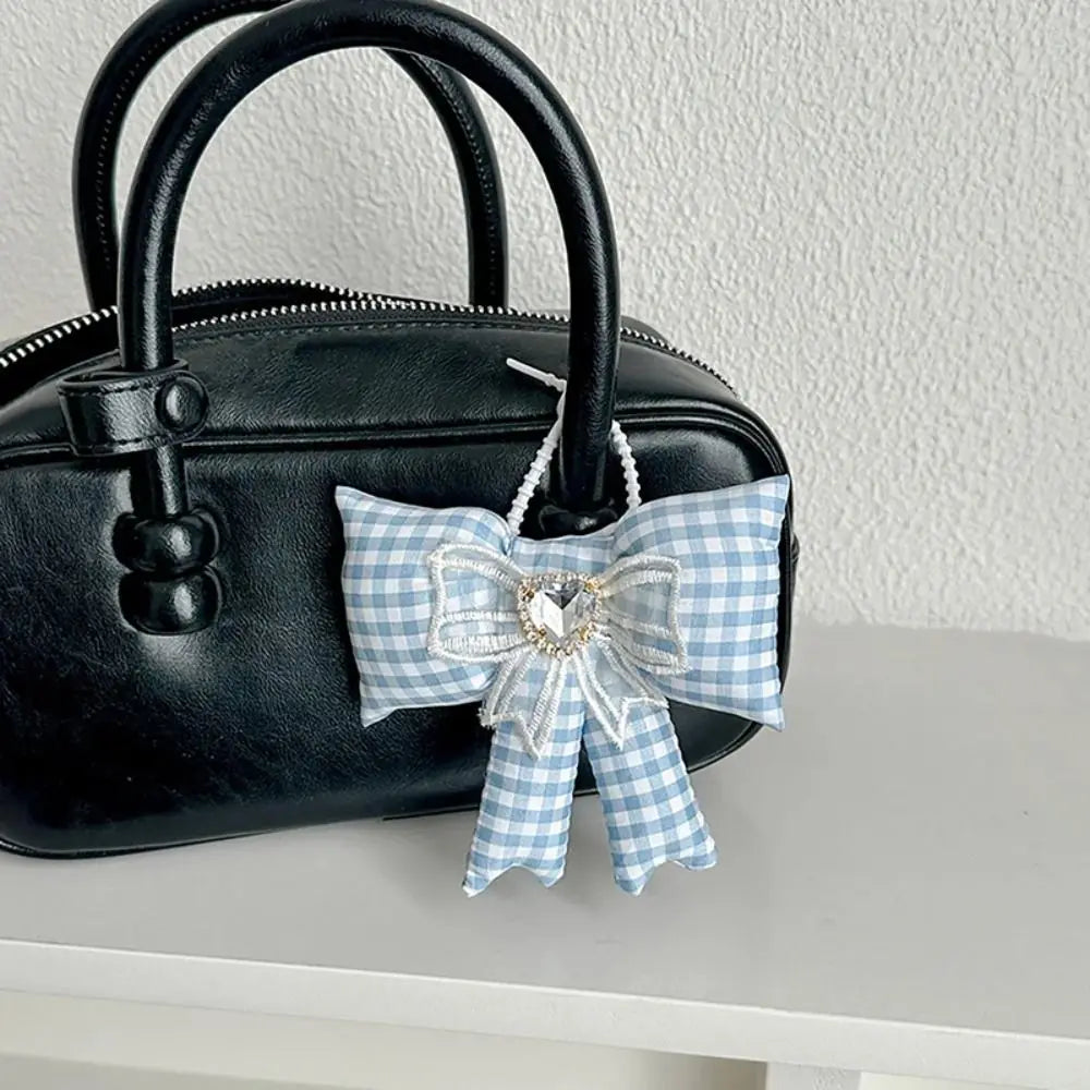 Creative Cloth Bowknot Bag Pendant Rhinestone Lattice Bow Keychain Heart Phone Charms Pendant Phone Chains Bag Ornaments
