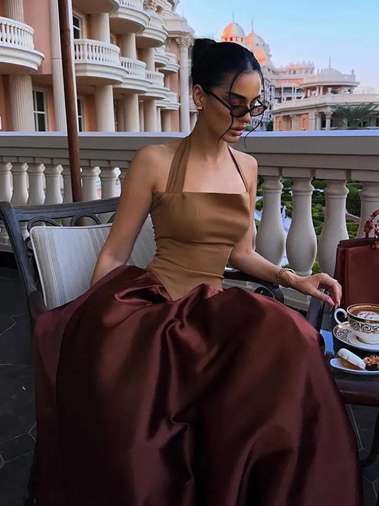 Women Sexy Patchwork Satin Halter Dress Fashion Sleeveless Backless A Line Dresses 2025 Spring New Female High Street Vestidos