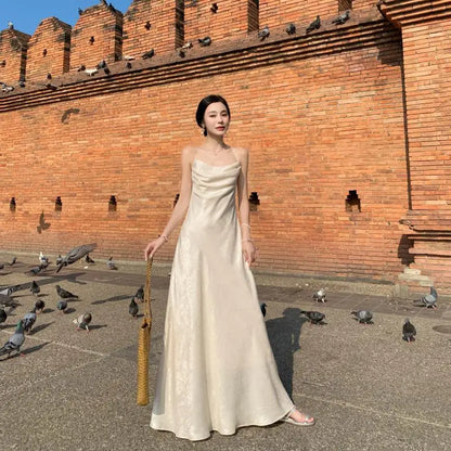 Women White Off Shoulder Sleeveless Spaghetti Strap Pleated Long Dresses Summer Elegant Temperment Backless Party Evening Dress