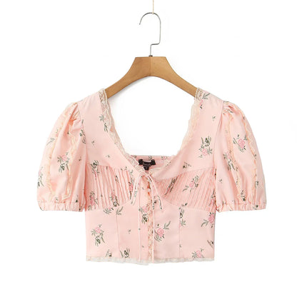 New Summer Short-sleeved Tops Solid Lace Edges V-neck Pleated Design Elegant White Shirt Fashion Holiday Party Crop Tops