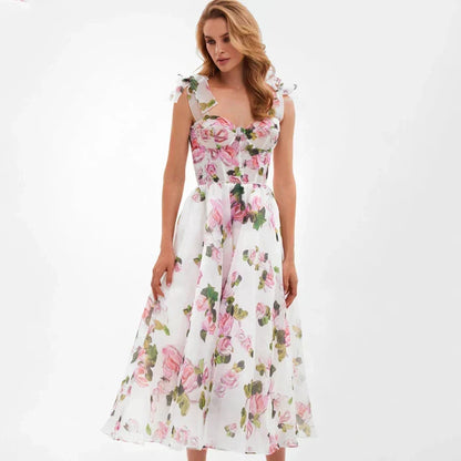 Floral Print Bow Shoulder Strap Sweetheart Corset Bodice Midi Dress