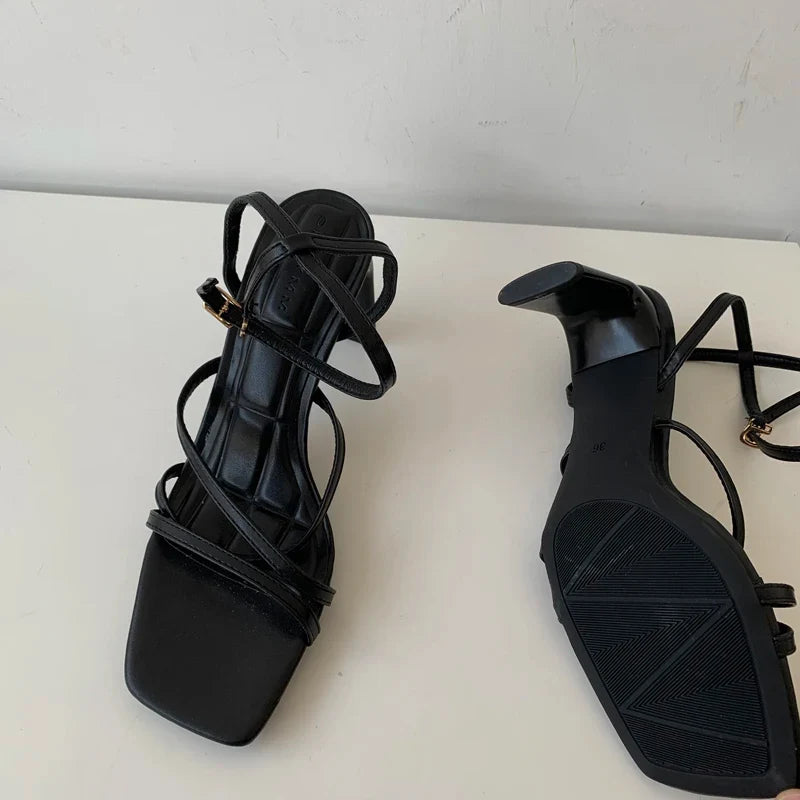 ZA Summer Sexy Sandals Square Toe Suede Concise Narrow Band Women Dress Shoes Belt Buckle Solid Color High Heel Calzado