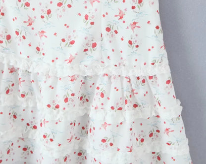 Sweet Girl French Style Floral Print Sleeveless Dress Women Lace Spliced A-line Summer Mini Dress Holiday Robe Vestidos