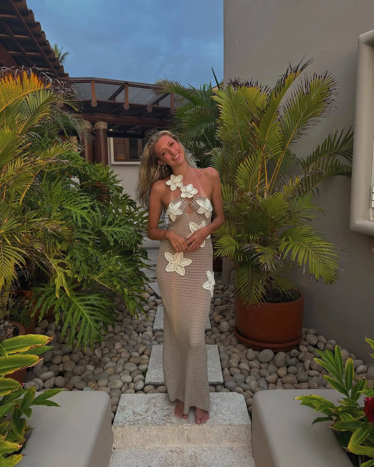 Crochet Halter Keyhole 3D Floral Applique Bodycon Maxi Dress
