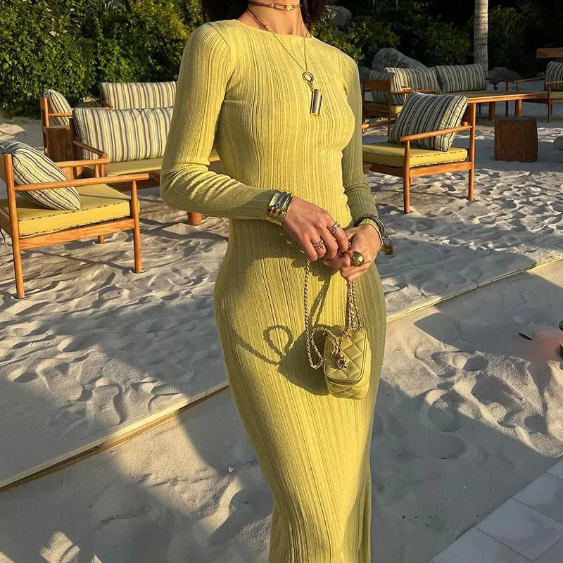 Rib Knit Crew Neck Long Sleeve Bodycon Maxi Dress