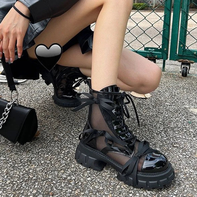 Summer Patent Leather Bowknot Cool Boots Women Hollow Out Platform Ankle Boots Woman Meah Thick Sole Booties Mujer