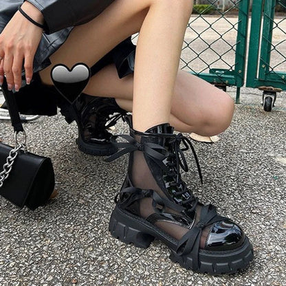 Summer Patent Leather Bowknot Cool Boots Women Hollow Out Platform Ankle Boots Woman Meah Thick Sole Booties Mujer