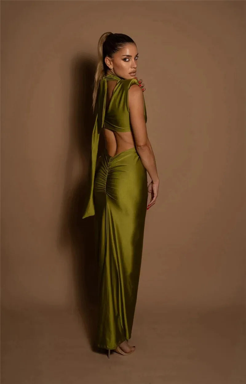 Mock Neck Structured Shoulder Waist Cutout Satin Maxi Gown