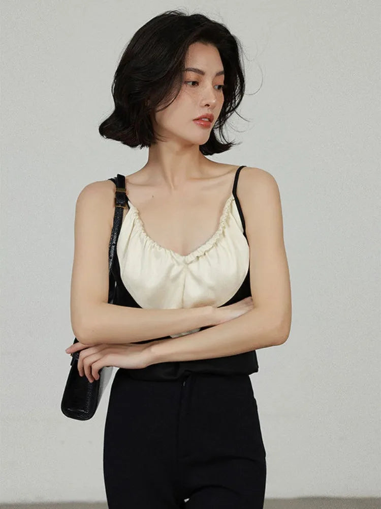 Elegant Satin Crop Top Women Black White Contrast Patchwork Backless Camis Office Lady V-neck Casual Halter Tops Summer