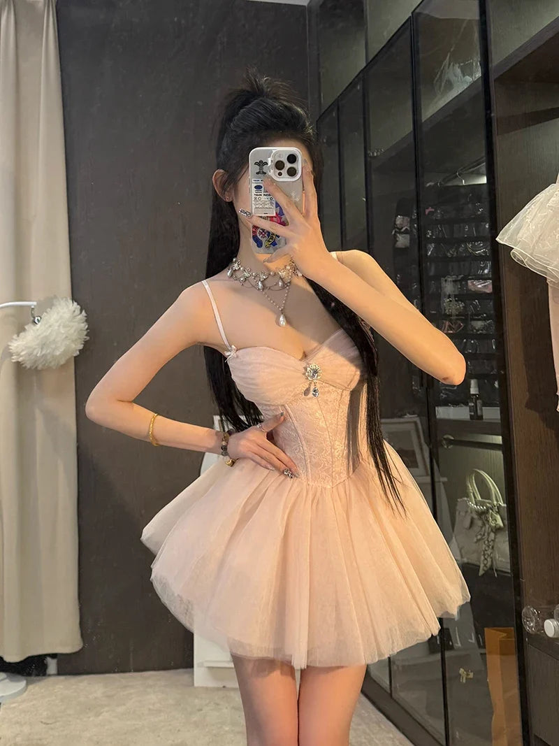 Sweet Mini Dress Women Birthday Party Mesh Patchwork Spaghetti Strap Dresses Summer Y2K Korean Fashion Bodycon Design Vestidos