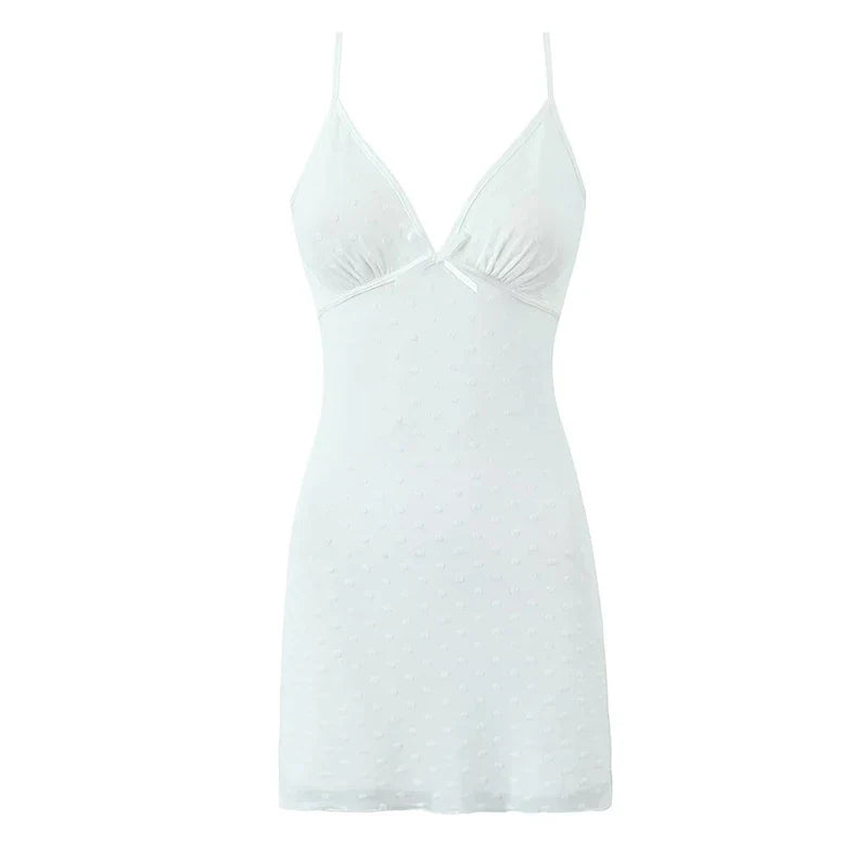 Flocking Dot White Mini Sling Dress For Women Sexy Thin Straps V Neck A-line Summer Mesh Dresses Holiday Short Robe